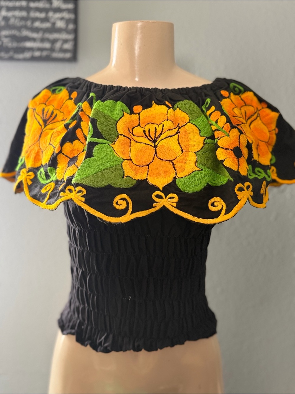 Embroidered Off-Shoulder Smocked Top - Black with Yellow Floral